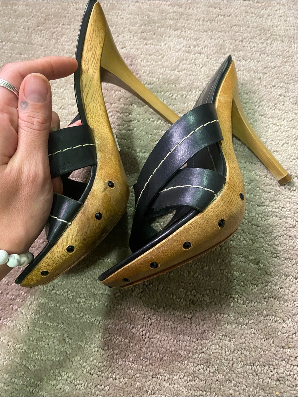 Vintage Bebe Black Leather and Wood High Heel
